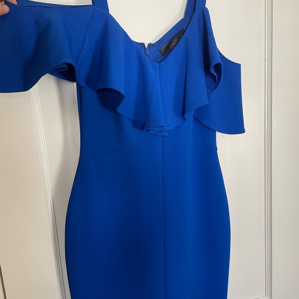 Rachel Blue Bodycon Midi Dress with Cold Shoulder and Flutter Sleeves
